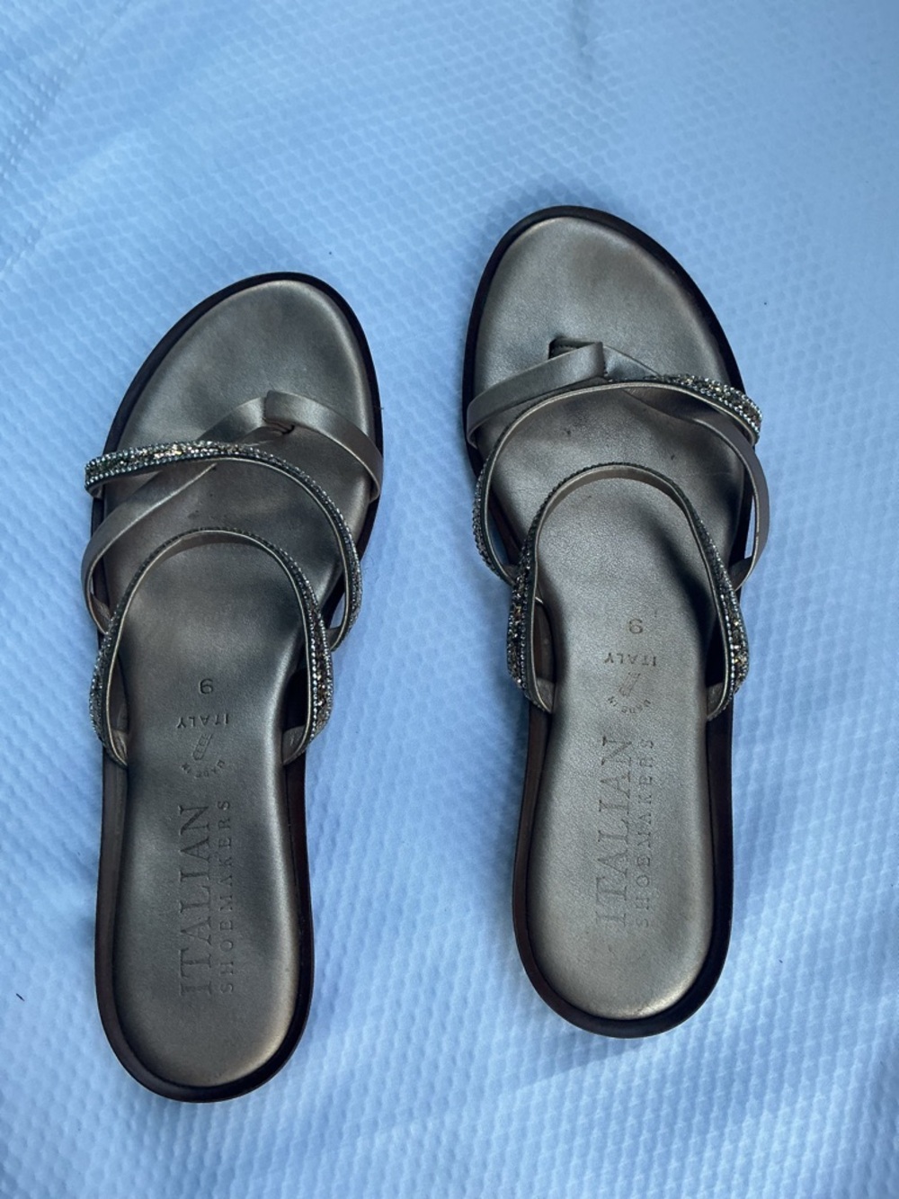 Italian Shoemakers Metallic Gray Slide Sandals with Rhinestone Straps
